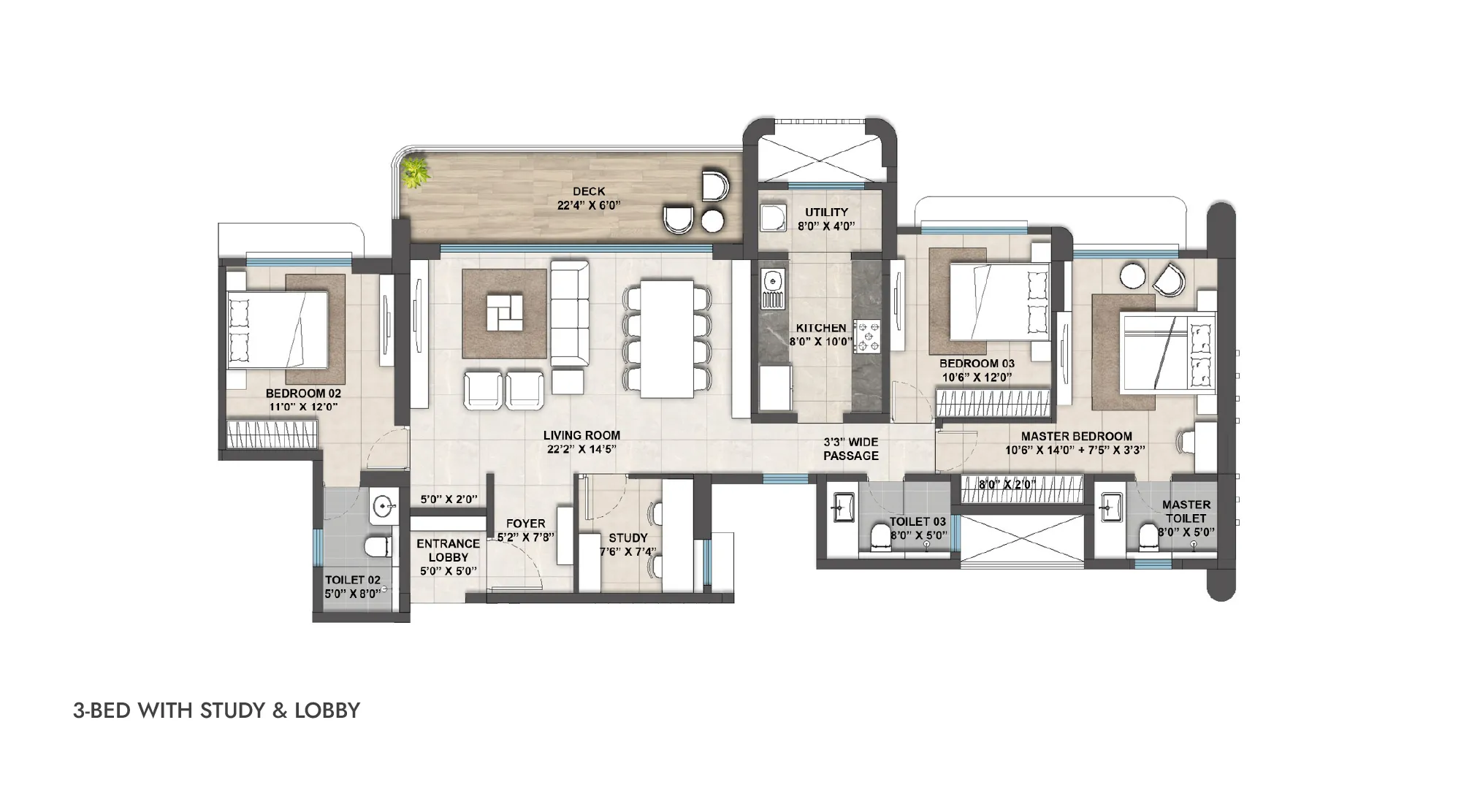 Lodha Belmont - Unit Plan of 3 BHK with study in Thane